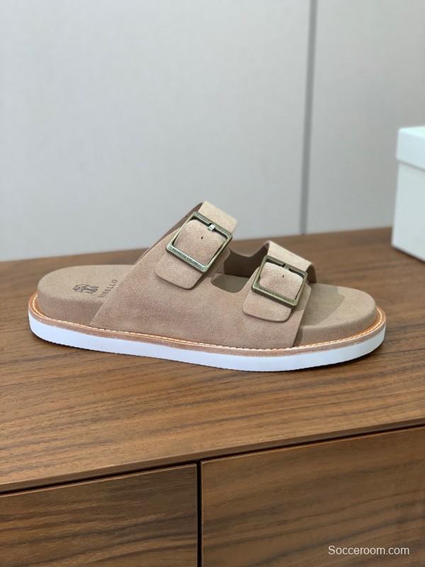 2025 Unisex Brunello Cucinelli Beige Suede Leather Slippers KFY00250