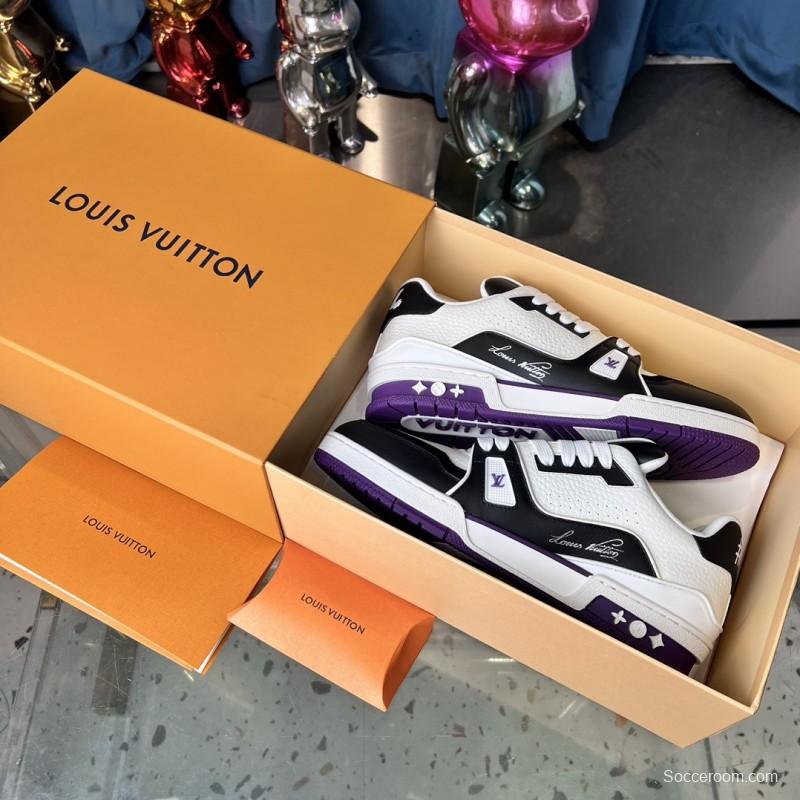 2025 Unisex Louis Vuitton White Black Purple Leather LV Trainer