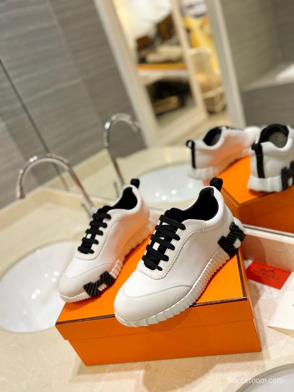 2024 Unisex Hermès White Black Imported Coxskin Rain Cloth Casual Sneakers MJ00320