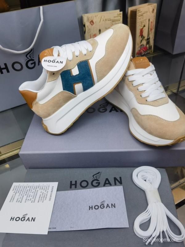 2025 Unisex HOGAN White Beige Blue Leather Suede Platform Sneakers H-STRIPES LY00360(F)/LY00370(M)