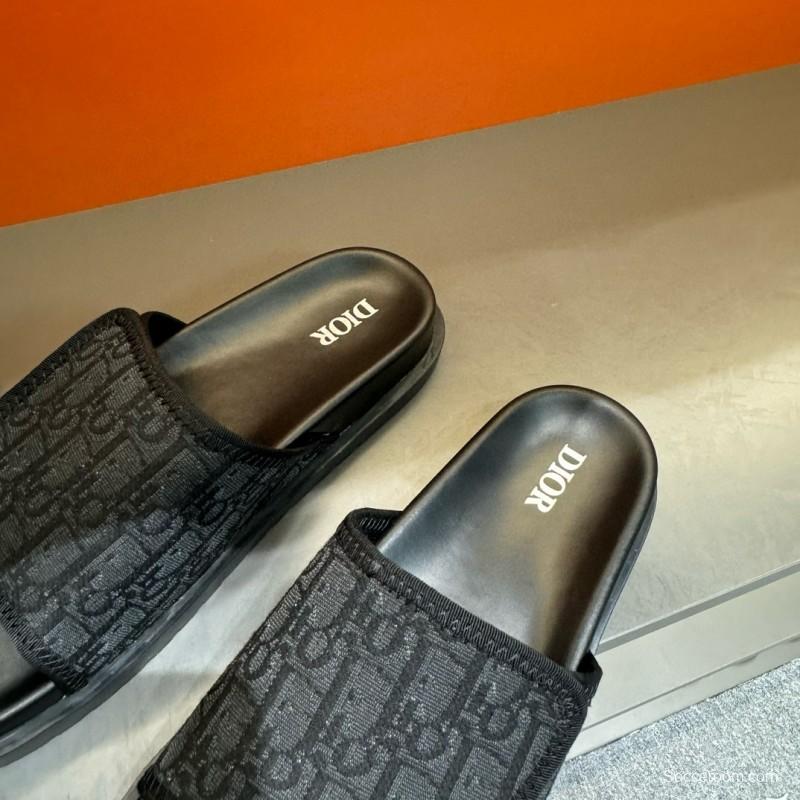 2024 Dior Black Fabric Leather Slippers MJ00180
