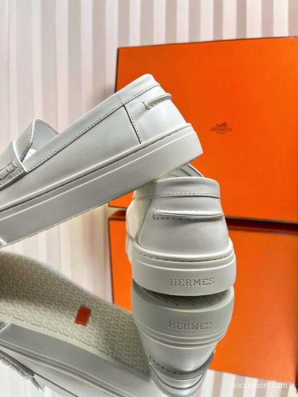 2025 Unisex Hermès White Leather Fabric Loafers LY00310(F)/LY00320(M)