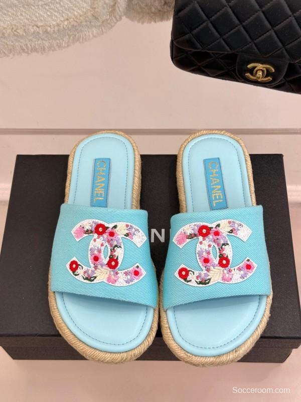 2025 Slippers Chanel Light Blue Fabric Women Embroidered Floral CC Logo KFY00230