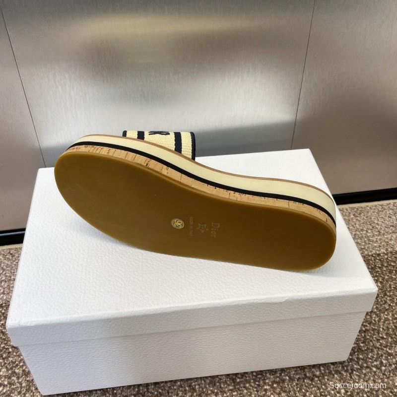 2025 Slippers Dior Beige Navy Canvas Leather Platform CHRISTIAN DIOR CD004
