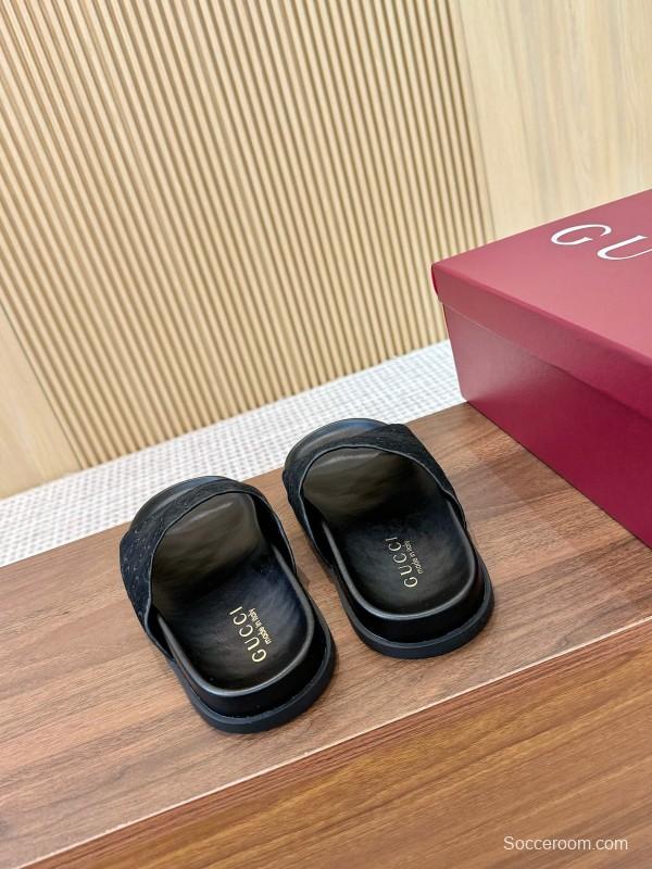 2025 Women Gucci Black Suede Leather Slippers