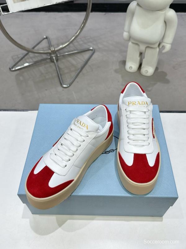 2025 Women Prada White Red Suede Leather Sneakers