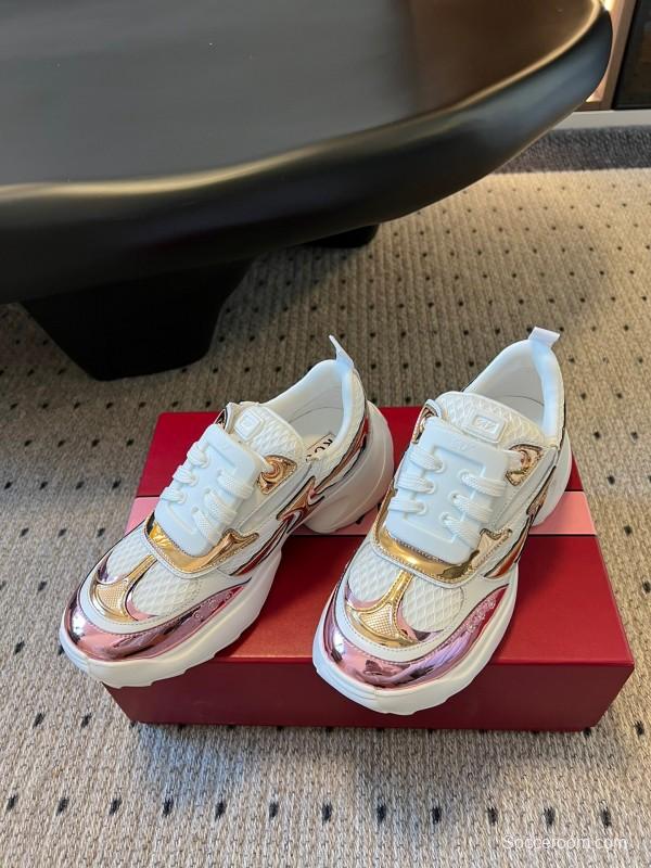 2025 Women Roger Vivier White Pink Leather Mesh Sneakers KFY00380