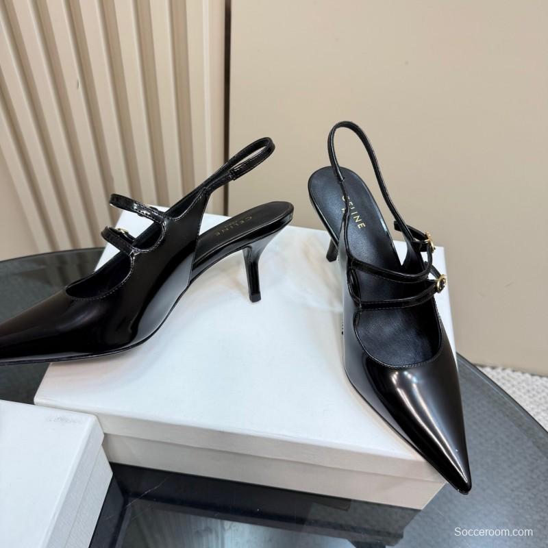 2025 Women CELINE Black Patent Leather Slingback Heels