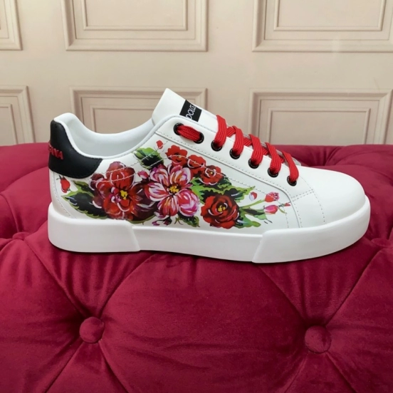 2025 Women Dolce & Gabbana White Red Leather Sneakers Floral LY00300