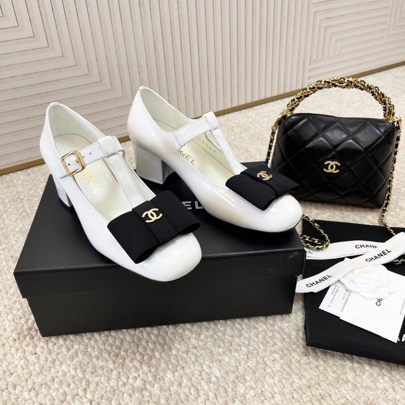 2025 Women Chanel White Black Leather Mary Jane Bow KFY00310