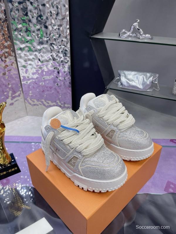 2024 Unisex Louis Vuitton White Silver Leather Trainers Crystal Embellished MJ00430