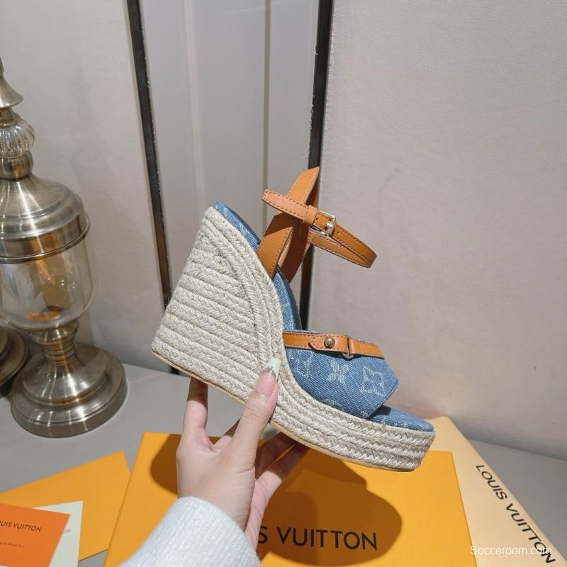 2025 Women Louis Vuitton Blue Denim Leather Espadrilles Sandals MJ00280