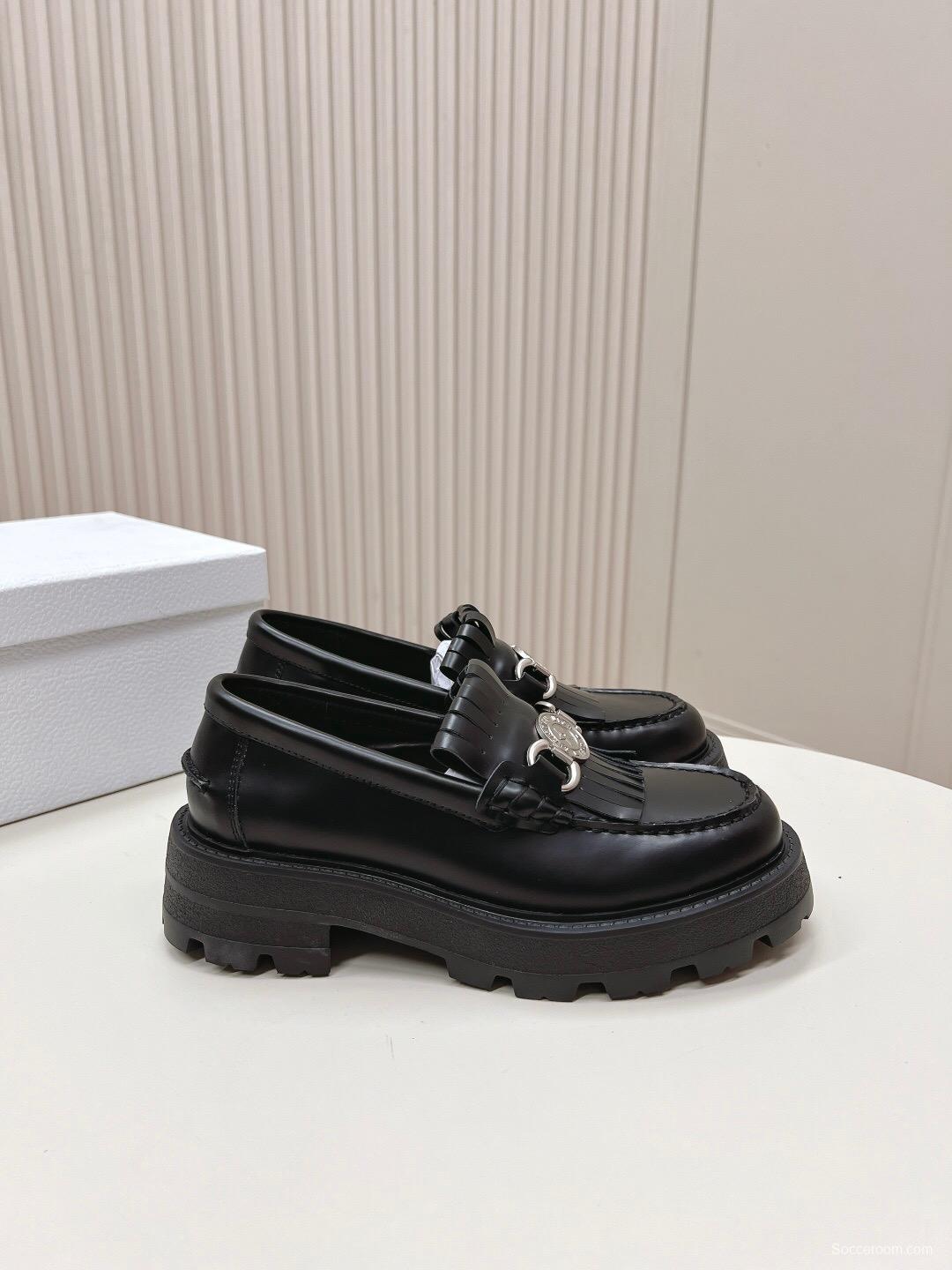 2025 Women Dior Black Leather Loafers KFY00350