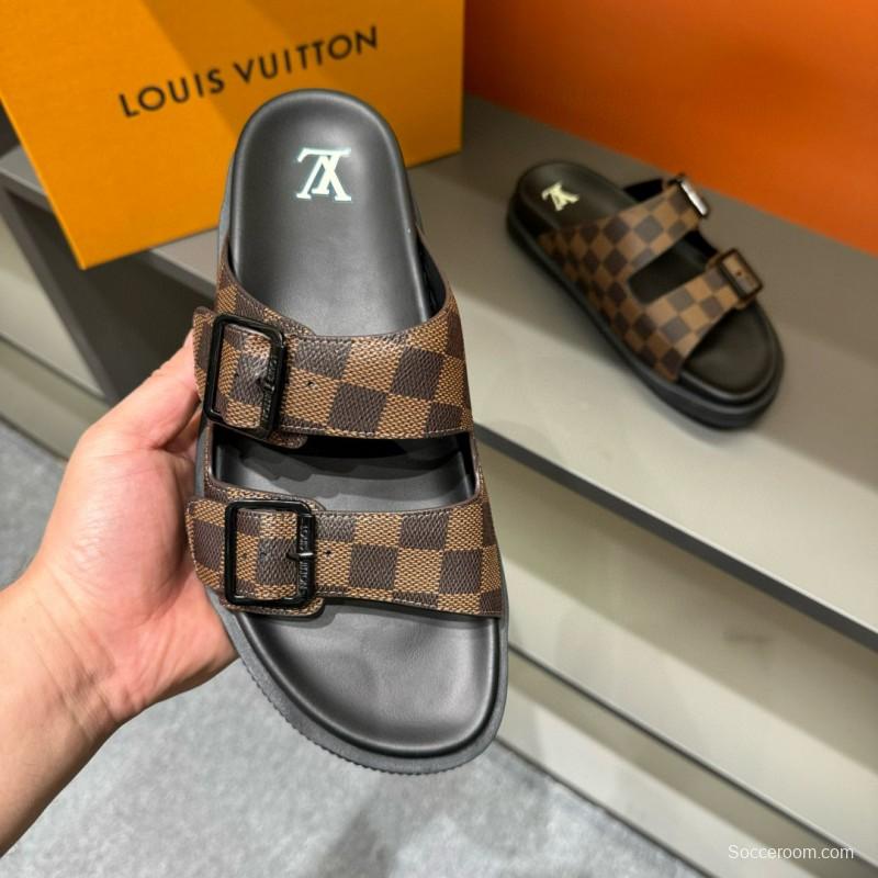 2024 Slippers Louis Vuitton Brown Black Leather Checkered Buckle MJ00210