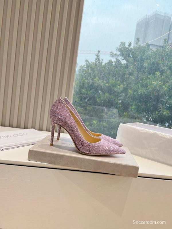 2025 Women Jimmy Choo Pink Glitter Leather Stiletto Pump