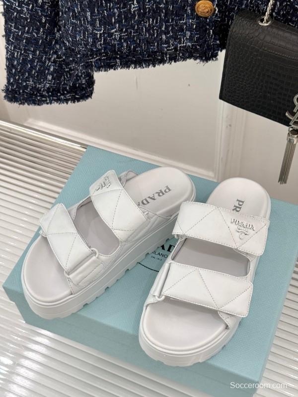 2025 Slippers Prada White Leather Quilted Velcro Strap KFY00250