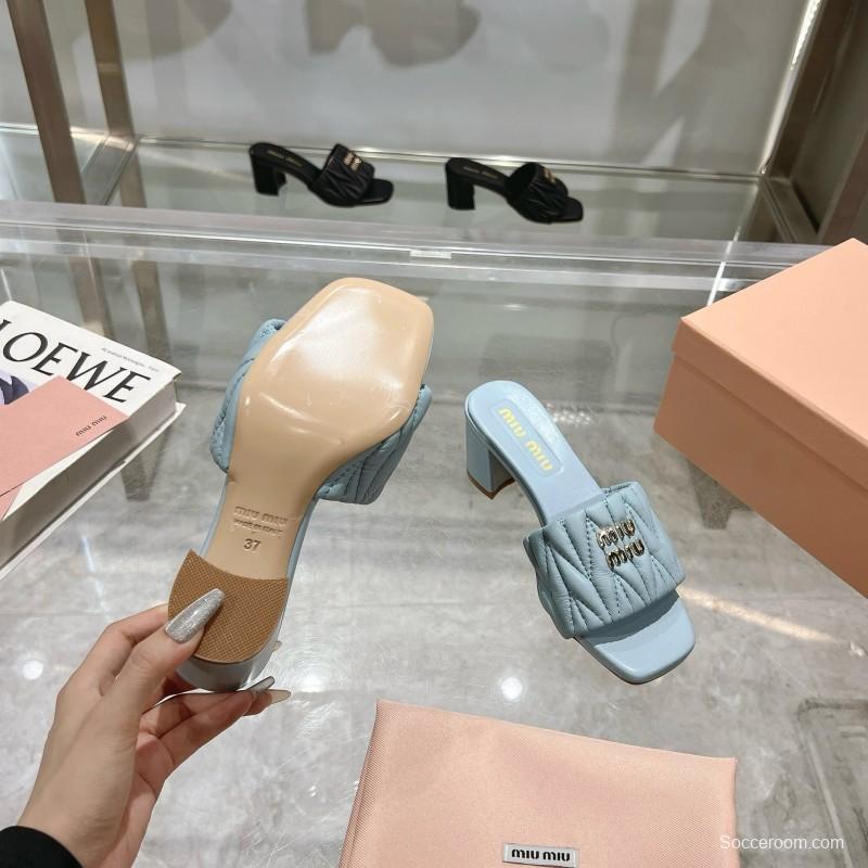 2025 Women Miumiu Light Blue Sheepskin Heeled Sandals