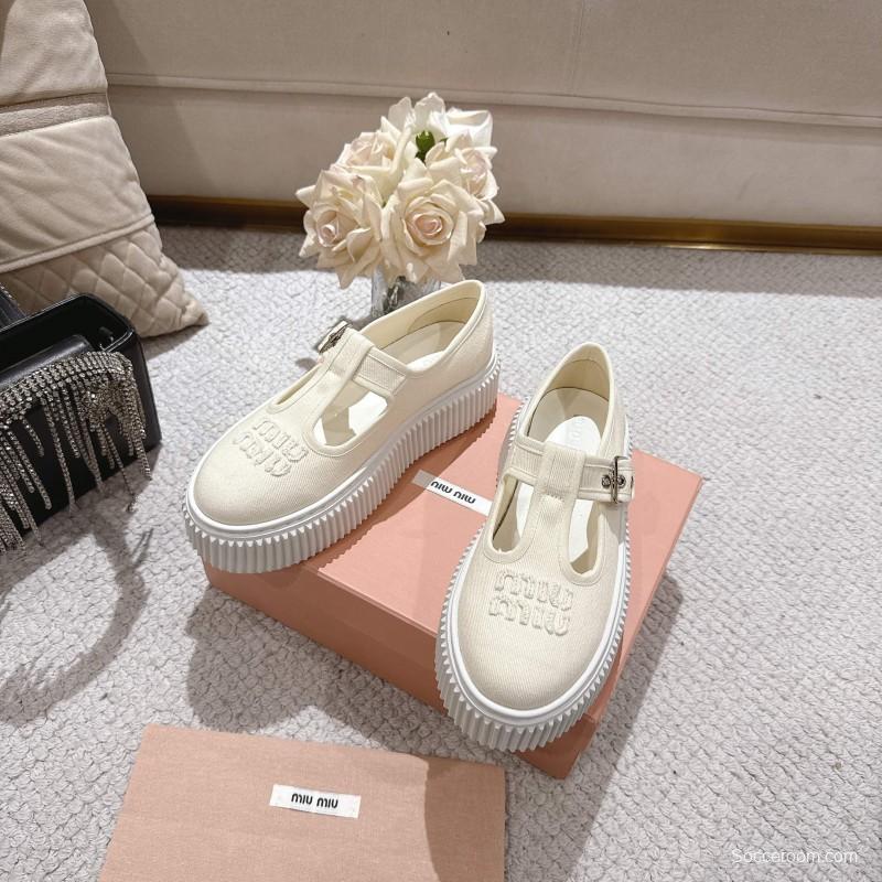 2025 Women Miu Miu White Canvas Platform Mary Jane LY00270