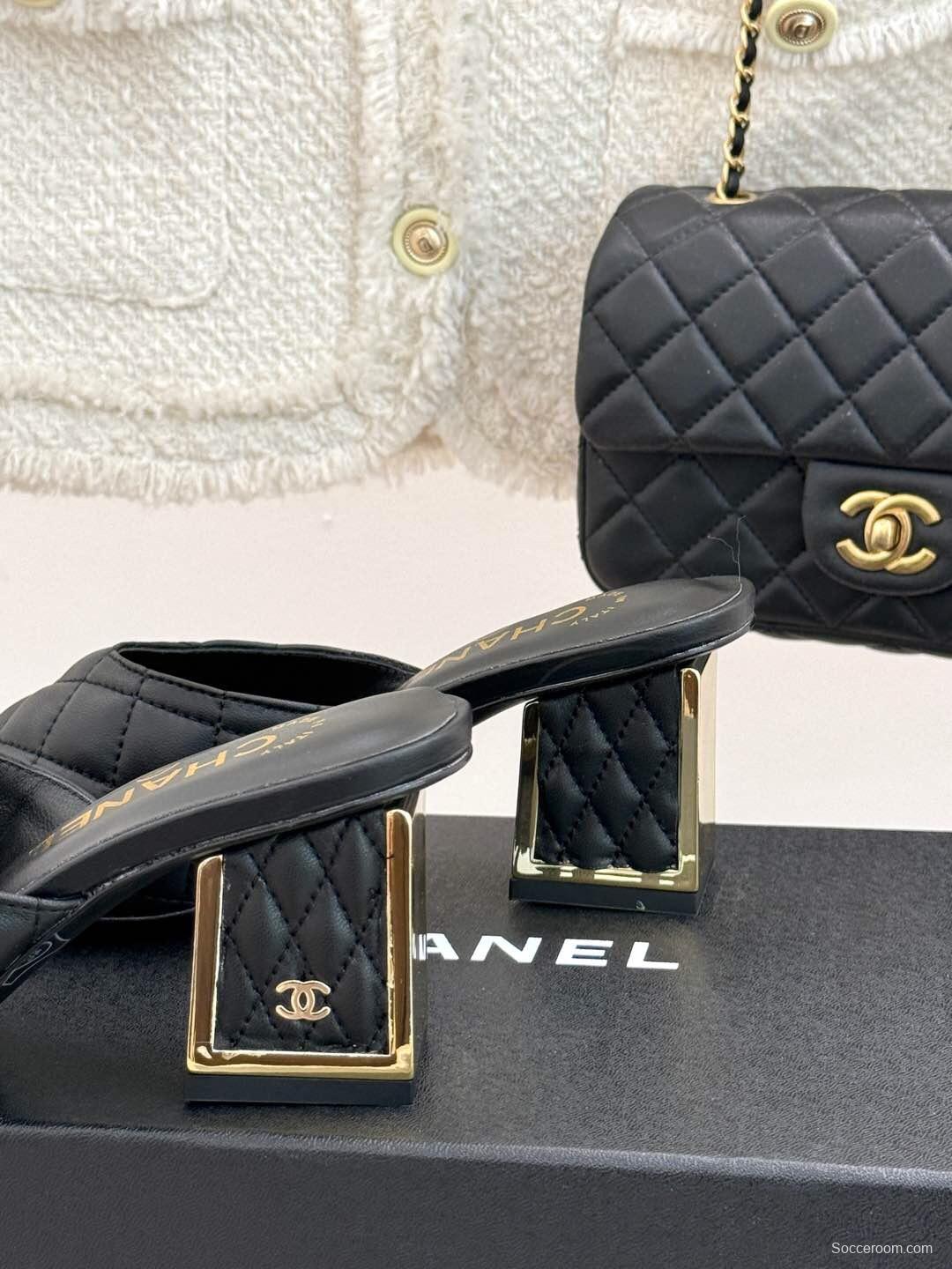 2025 Women Chanel Black Sheepskin Quilted High Heel Sandals