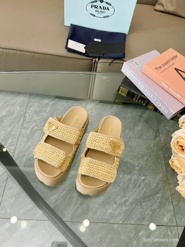 2025 Prada Beige Raffia Slippers LY00290