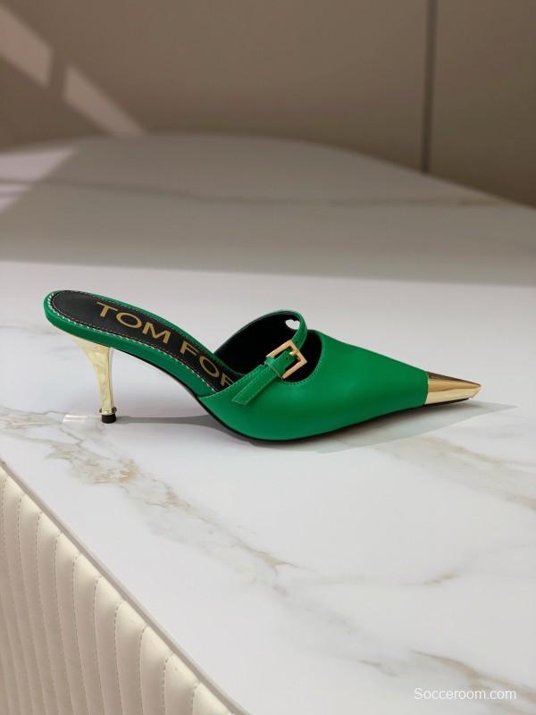 2025 Women TOM FORD Green Gold Leather Pointed Toe Mules KFY00300