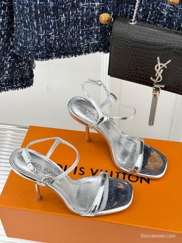 2025 Women Louis Vuitton Silver Calfskin Leather Strappy High Heel Sandals KFY00280