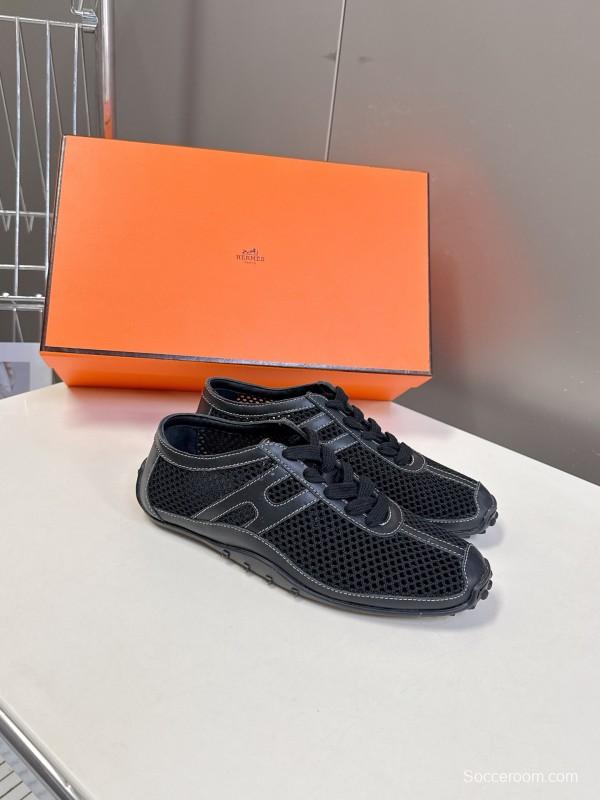 2025 Women Hermès Black Mesh Leather Trainers KFY00250