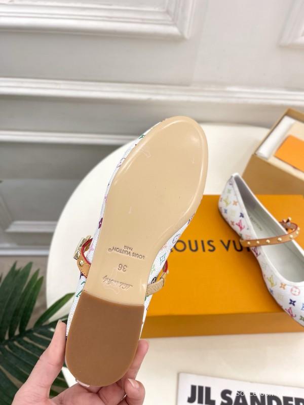 2025 Women Louis Vuitton White Multicolor Canvas Ballet Flat MJ00300