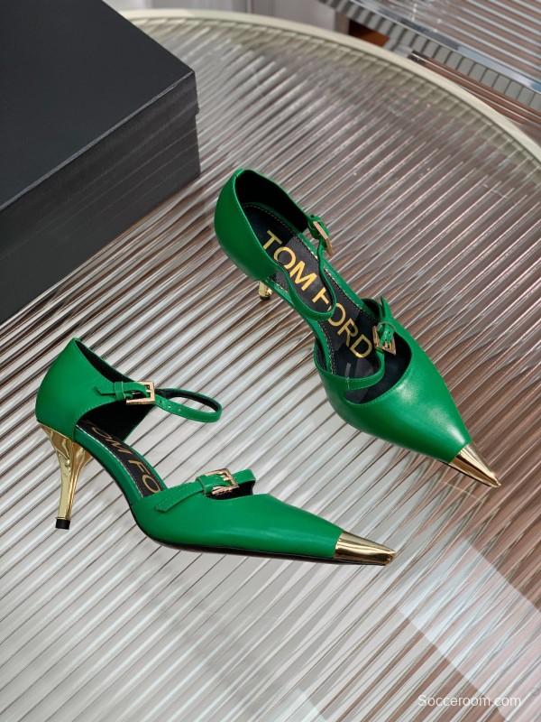 2025 Women TOM FORD Green Gold Leather Pointed Toe Mary Jane KFY00320