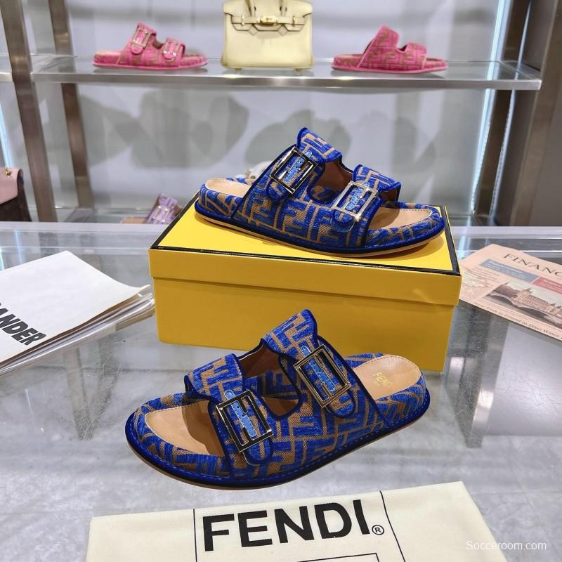 2025 Slippers Fendi Blue Brown Jacquard Buckle KFY00250