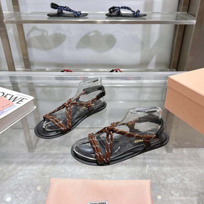 2025 Women Miu Miu Brown Rope Leather Sandals