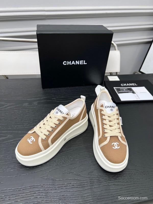 2025 Women Chanel Beige Canvas Leather Sneakers Collaboration LY00250