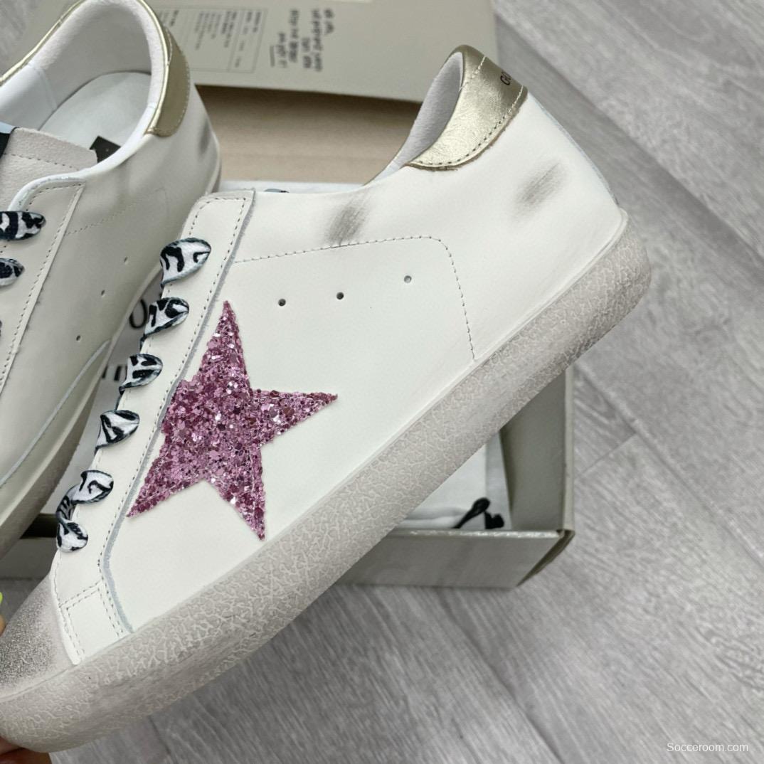 2025 Women GGDB White Pink Leather Sneakers Glitter Star