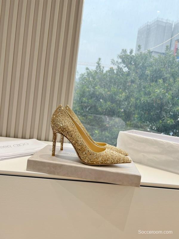 2025 Women Jimmy Choo Gold Crystal Leather Heels KFY00280