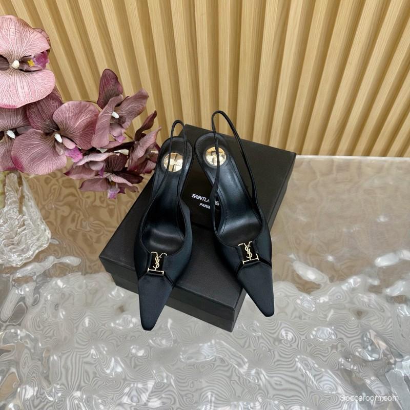 2025 Women Yves Saint Laurent Black Leather Slingback Pumps MJ00300