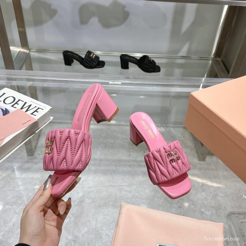 2025 Women Miu Miu Pink Sheepskin Heeled Sandals Quilted KFY00250