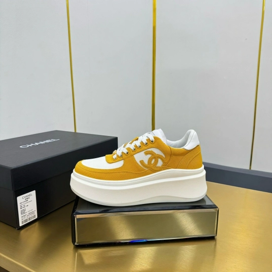 2025 Women Chanel Yellow White Canvas Leather Platform Sneakers