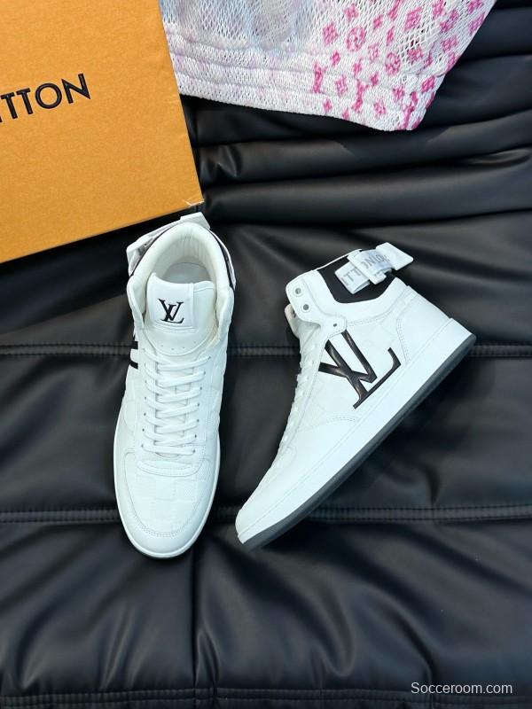 2024 Men Louis Vuitton White Black Leather High-Top Sneakers MJ00420