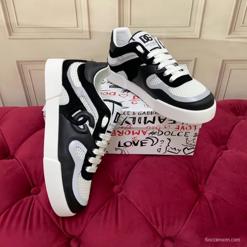 2025 Unisex Dolce & Gabbana Black White Mesh Leather Sneakers
