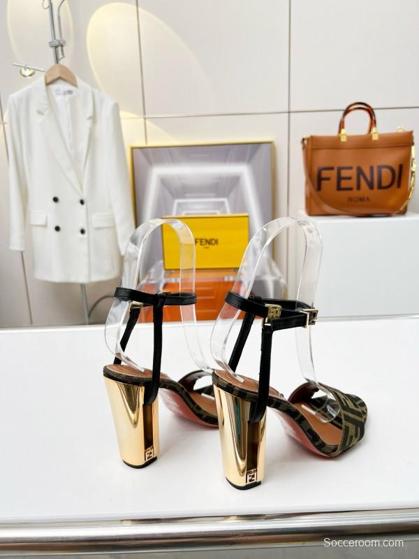 2025 Women Fendi Brown Black Leather Fabric High Heel Sandals