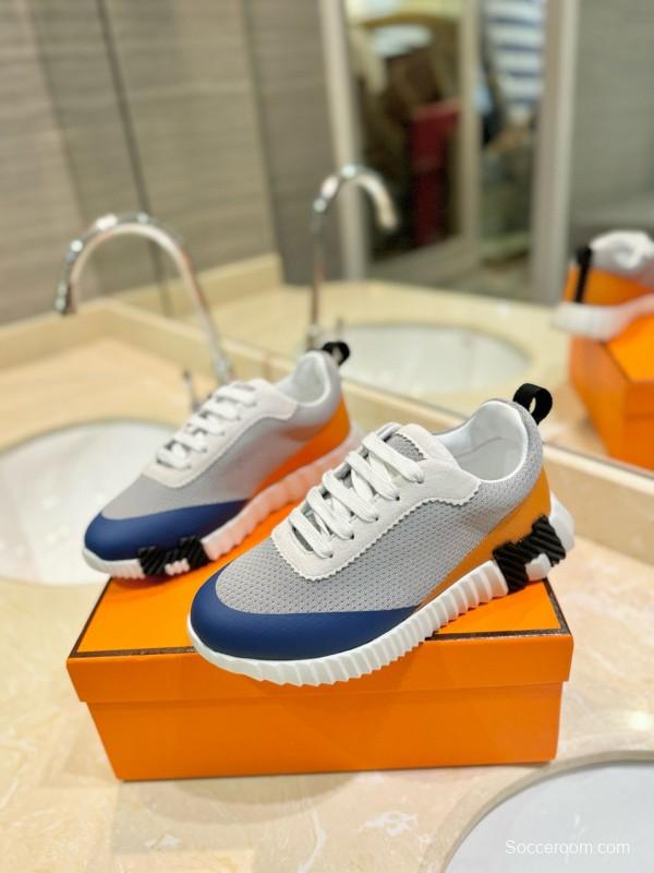 2024 Unisex Hermès Blue Grey Orange Suede Rain Cloth Sneakers MJ00320