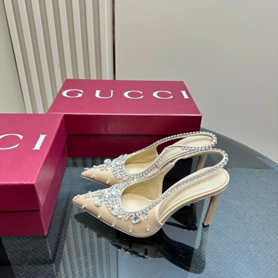 2025 Women Gucci Beige Silk Crystal Embellished Slingback Heels KFY00340