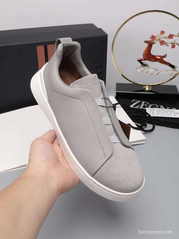 2024 Men Ermenegildo Zegna Light Grey Leather Suede Low Top Sneakers MJ00240