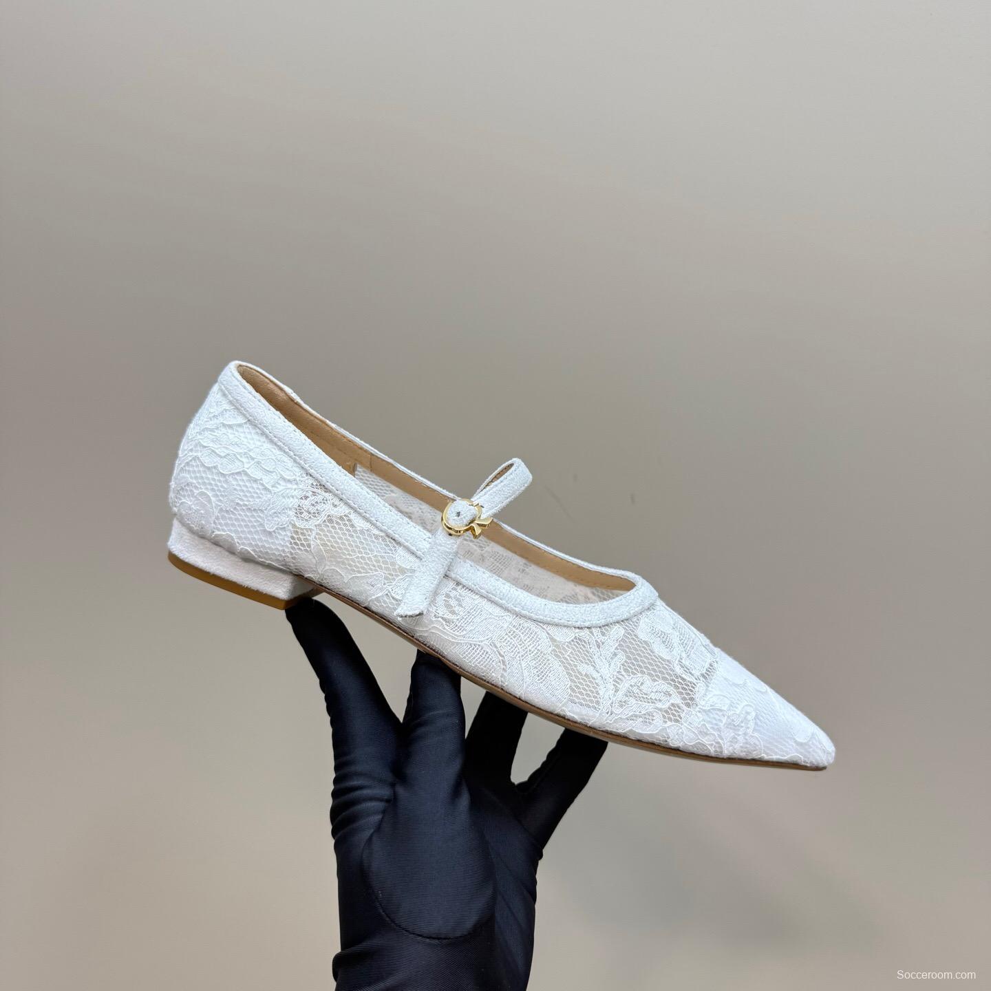 2025 Women Gianvito Rossi White Lace Leather Low Heel Ballerina KFY00260