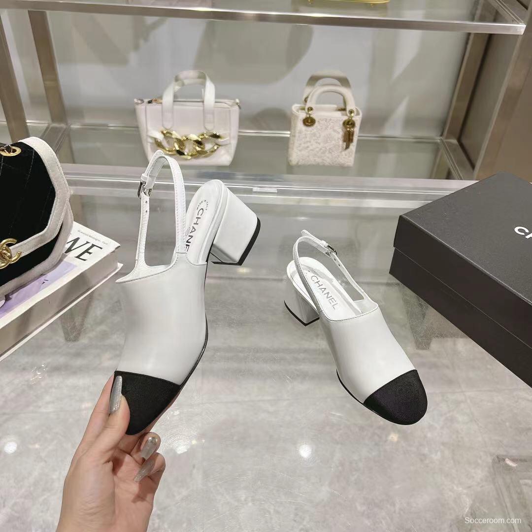 2025 Women Chanel White Black Leather Slingback Sandal LY00300