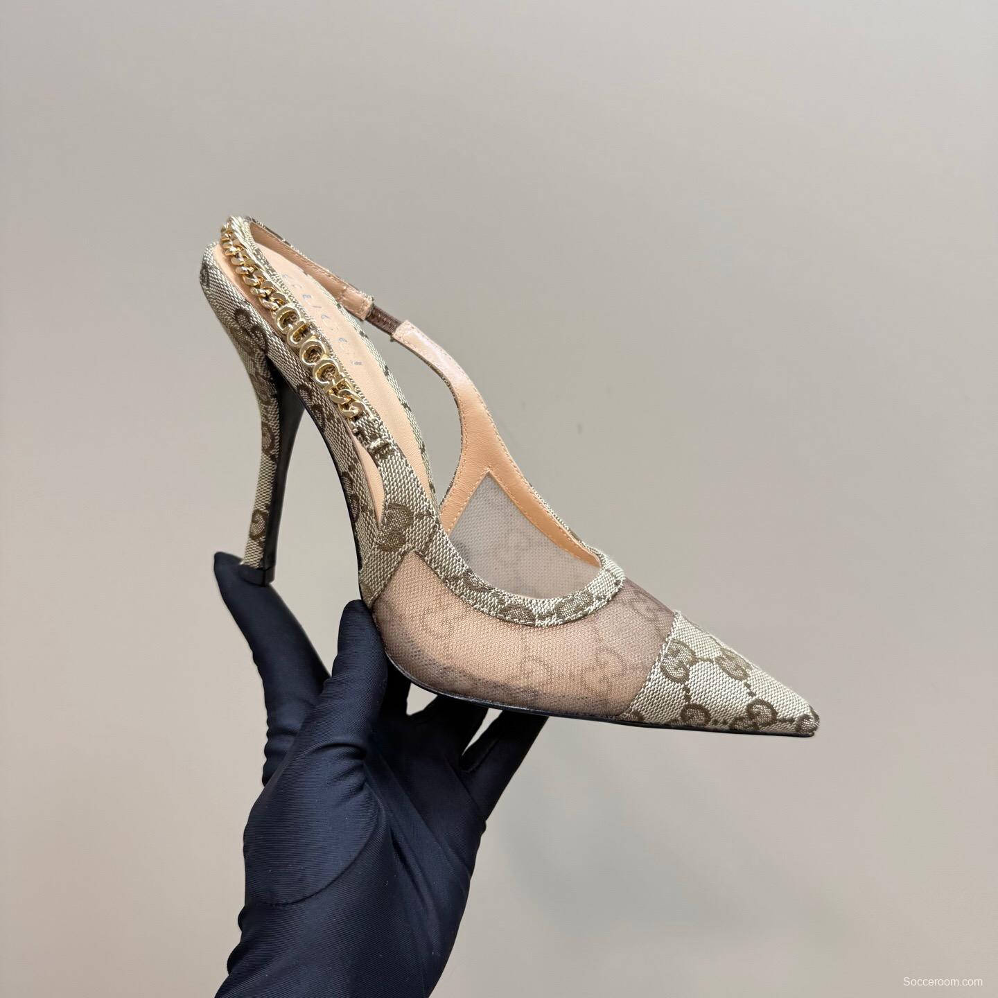 2025 Women Gucci Beige Mesh Fabric High Heel Pumps With Gold Chain Detailing KFY00300(F)