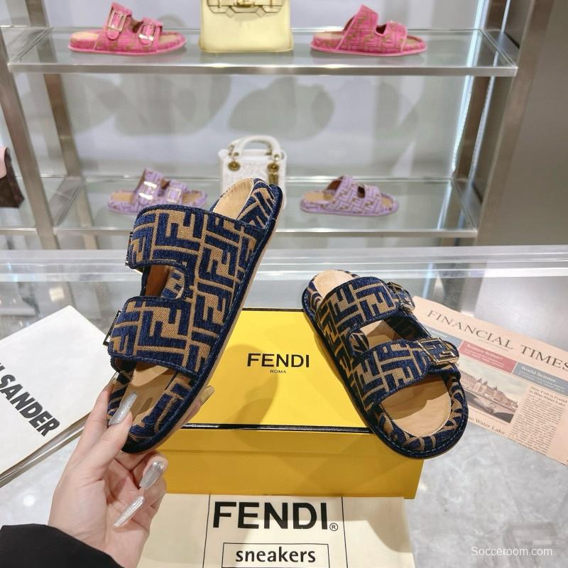 2025 Slippers Fendi Blue Brown Jacquard FF Pattern MJ00230