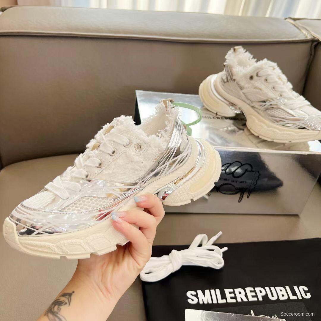 2025 Unisex Smilerepublic White Silver Mesh Leather Fur Sneakers