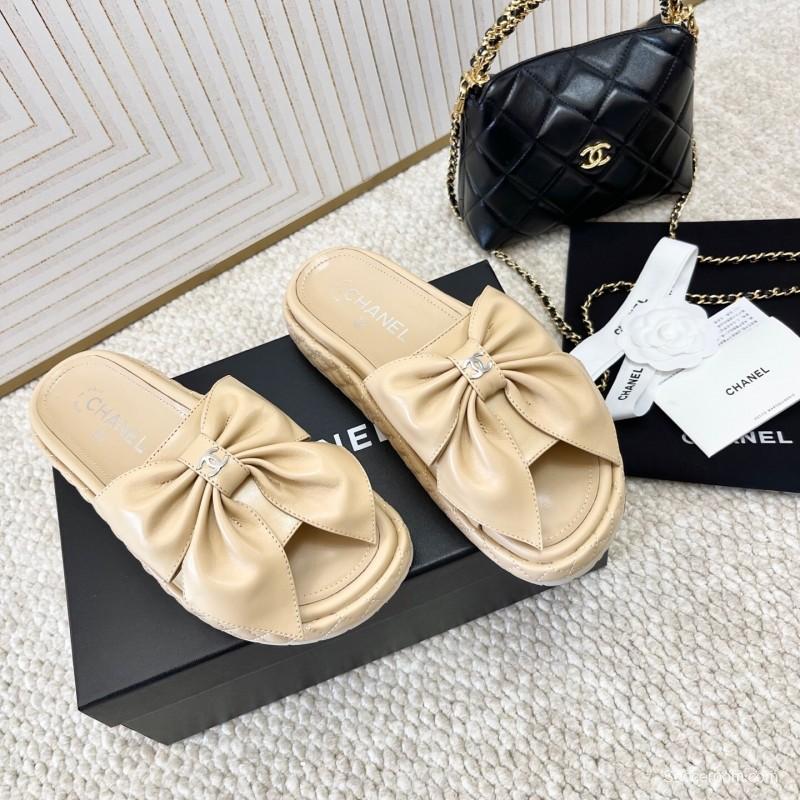2025 Women Chanel Beige Leather Slippers Bow KFY00310