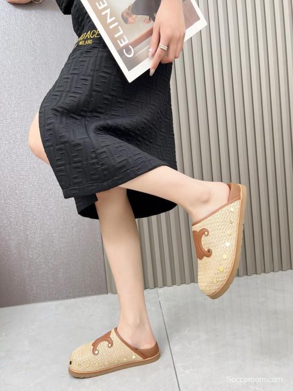 2025 CELINE Beige Leather Raffia Slippers LY00240
